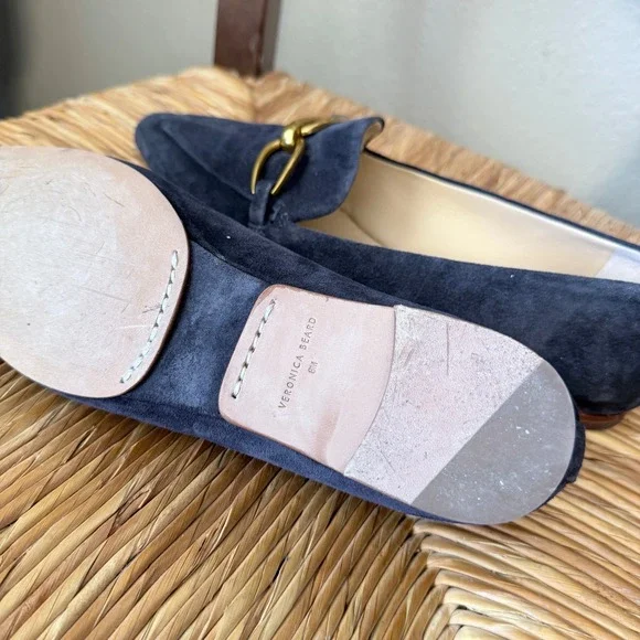 Veronica Beard Suede Horsebit Loafers Navy Blue Pointed Toe Womens 8M - Picture 5 of 5